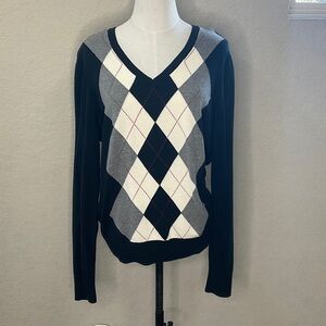 217 - Izod EUC Women's V-Neck Argyle Sweater - Black, Gray, White, Size Large